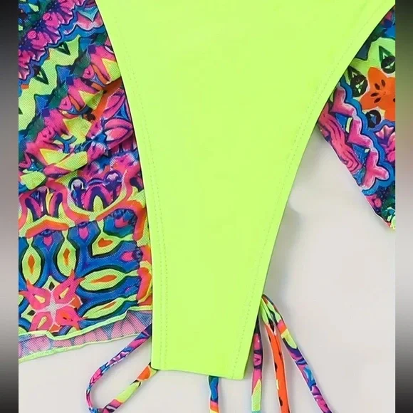 4pc Yellow Triangle Halter High Cut Bikini Set with Shrug & Drawstring Skirt - Picture 9 of 12